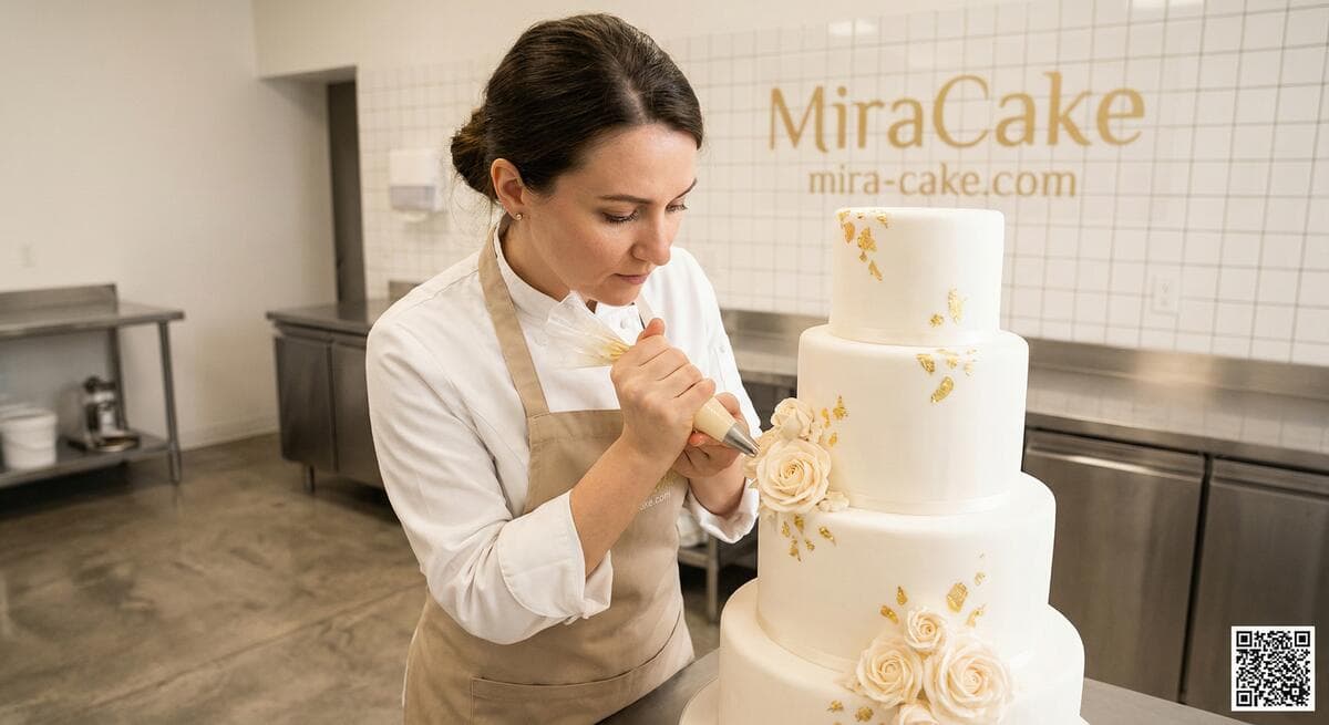 Mira Cake Dubai baker decorating a luxury wedding cake